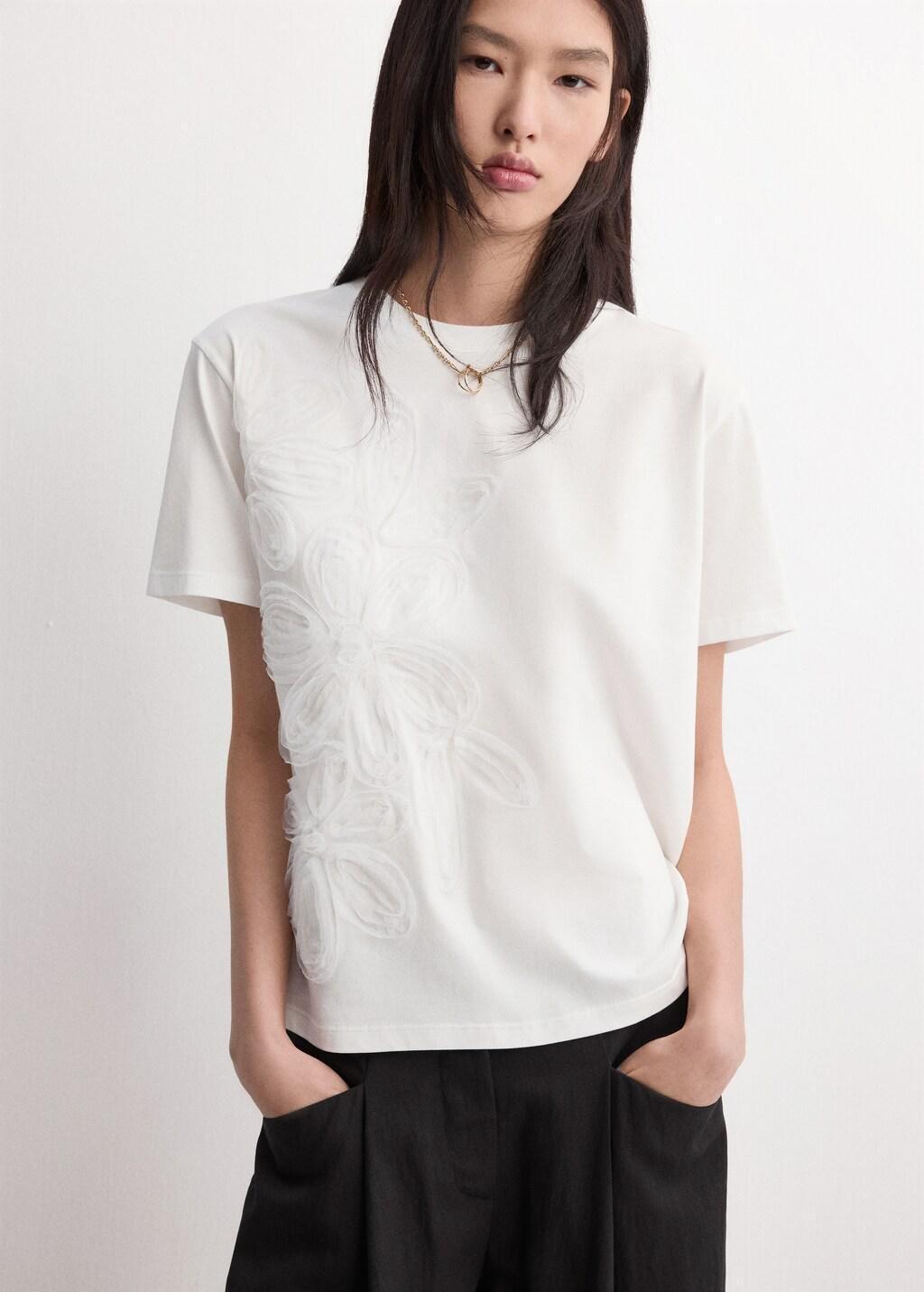 White Floral-Embroidered Cotton T-Shirt, Natural White, large image number 3