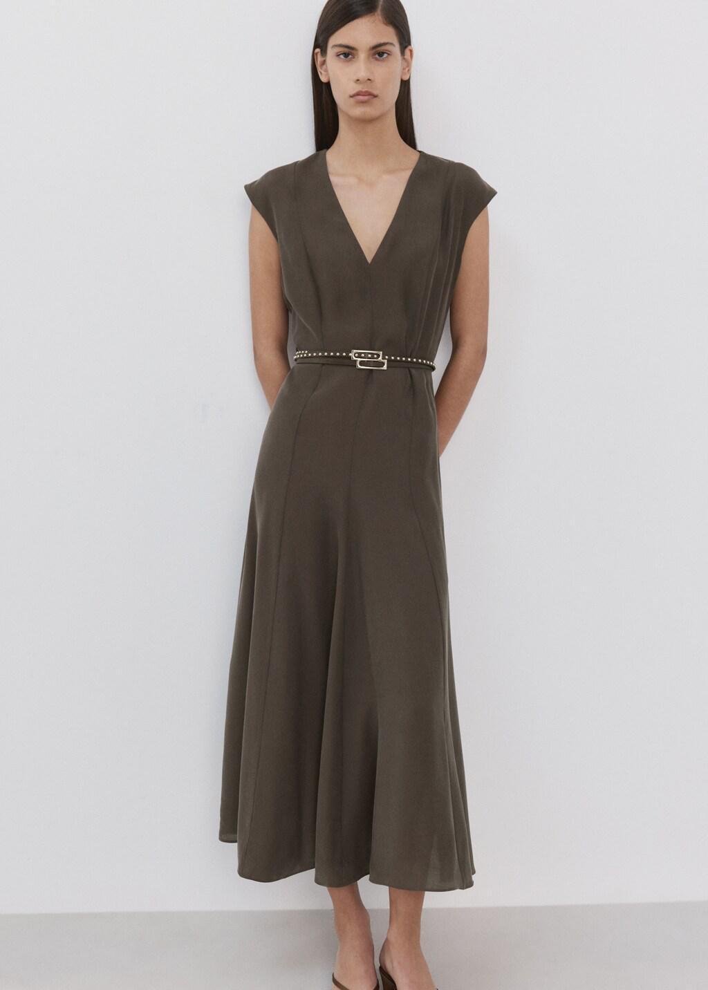 Brown Double-Belt A-Line Dress, 0201_30, large image number 3