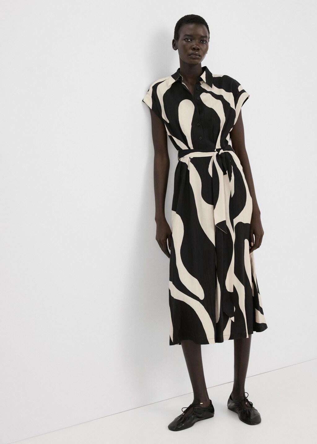 Black Long Printed Shirt Dress, Black, medium