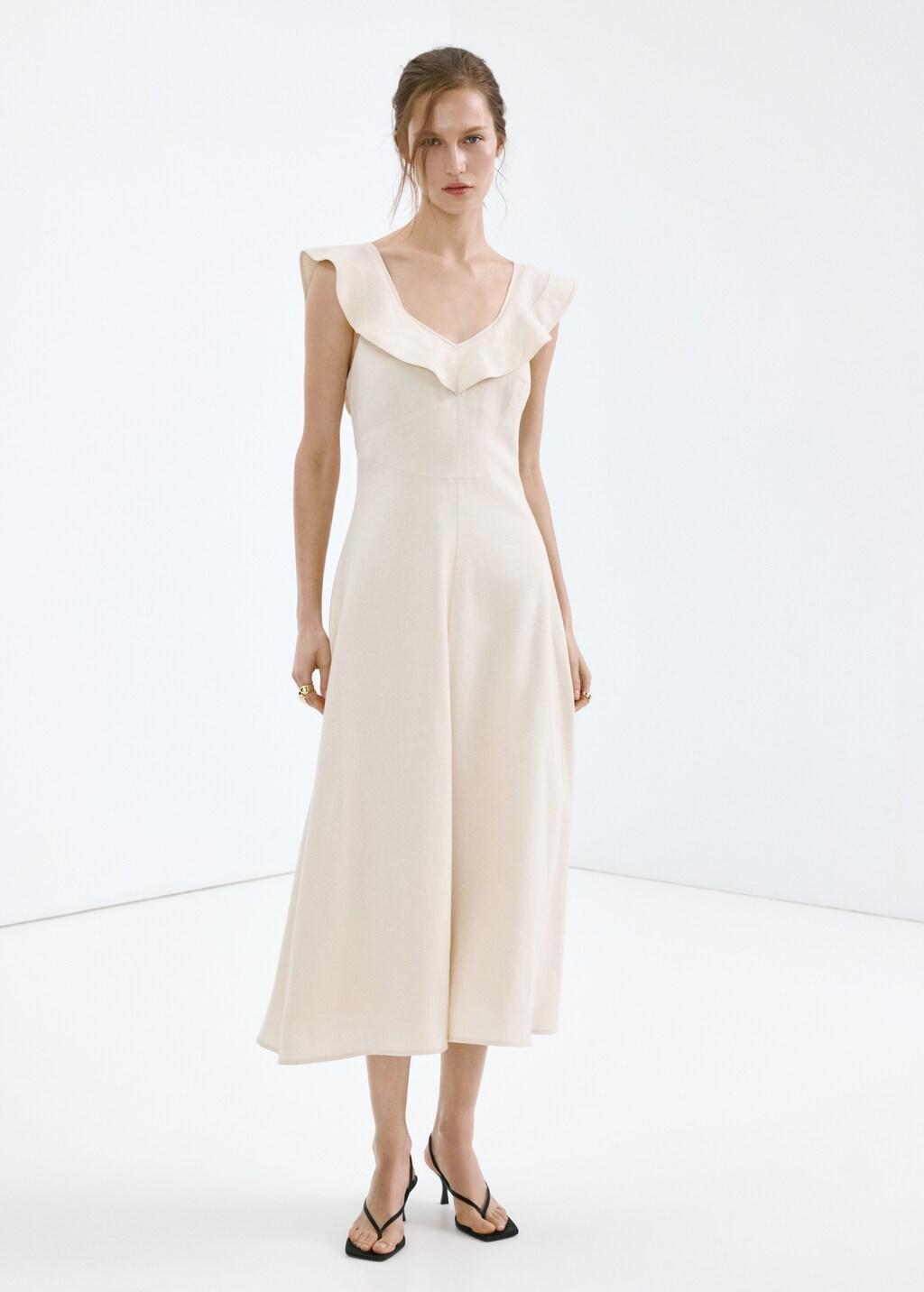 Brown Lt Pastel Ruffled Linen Dress, Light Pastel Brown, medium