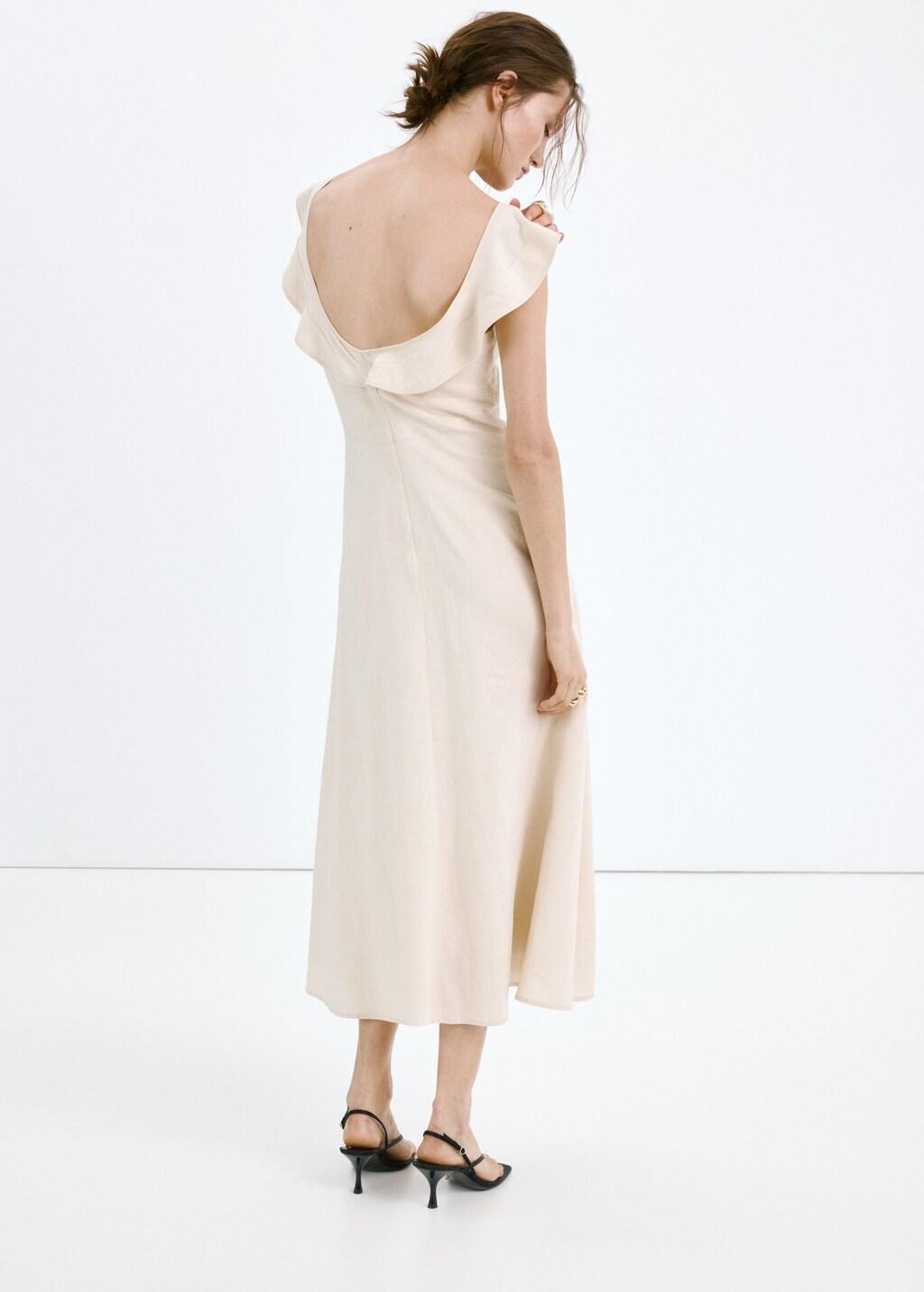Brown Lt Pastel Ruffled Linen Dress, Light Pastel Brown, medium