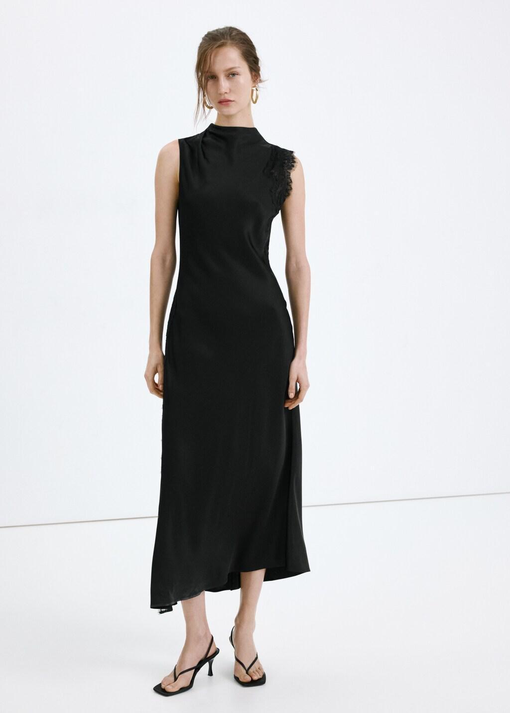 Black Satin Dress With Lace Details, 0201_99, large image number 0