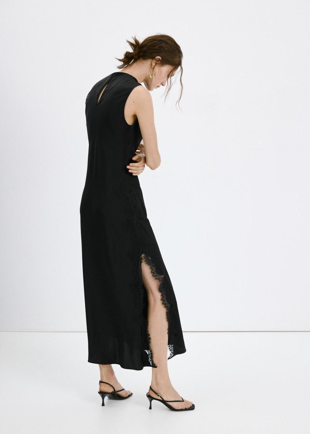 Black Satin Dress With Lace Details, 0201_99, large image number 2