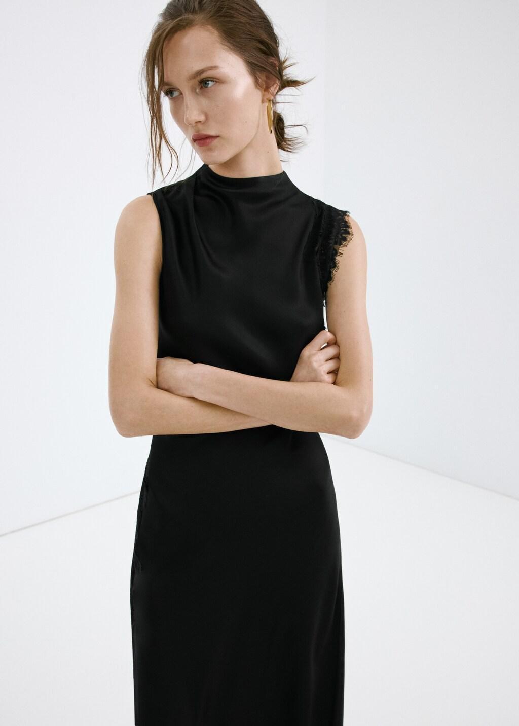 Black Satin Dress With Lace Details, 0201_99, large image number 3