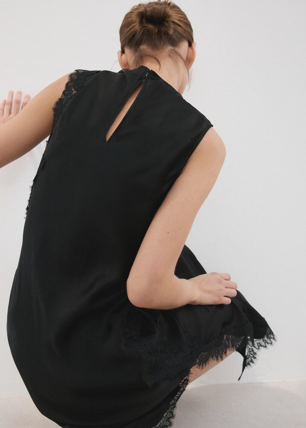 Black Satin Dress With Lace Details, 0201_99, large image number 6
