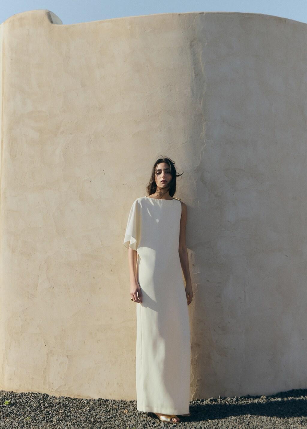 Beige Long Dress With Asymmetrical Sleeve, Light Beige, medium