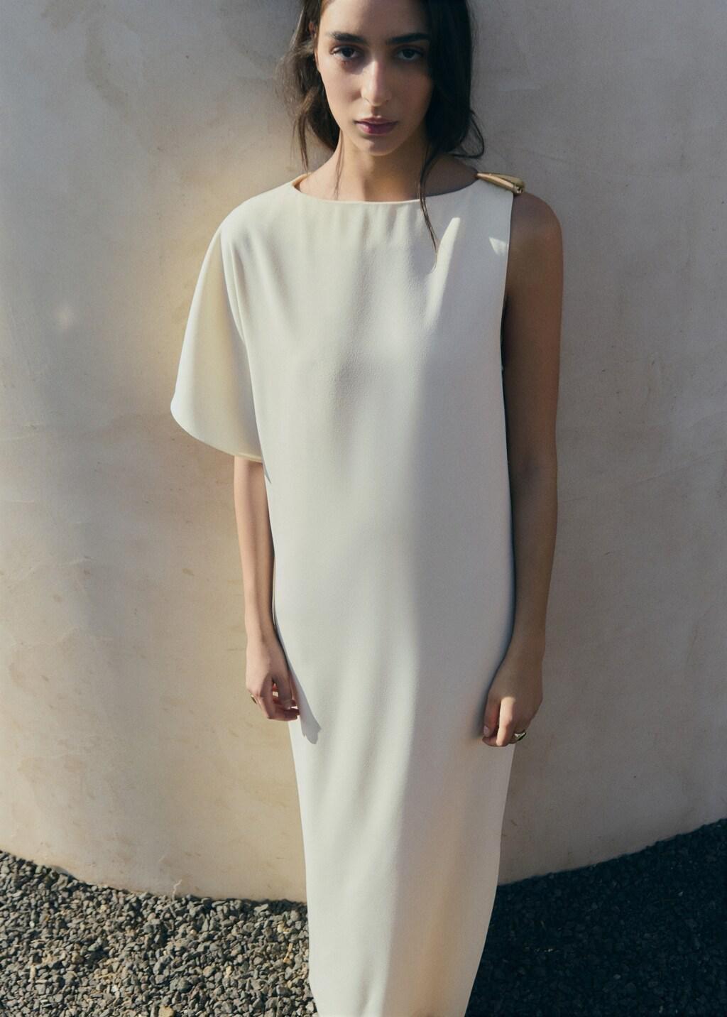 Beige Long Dress With Asymmetrical Sleeve, Light Beige, large image number 3