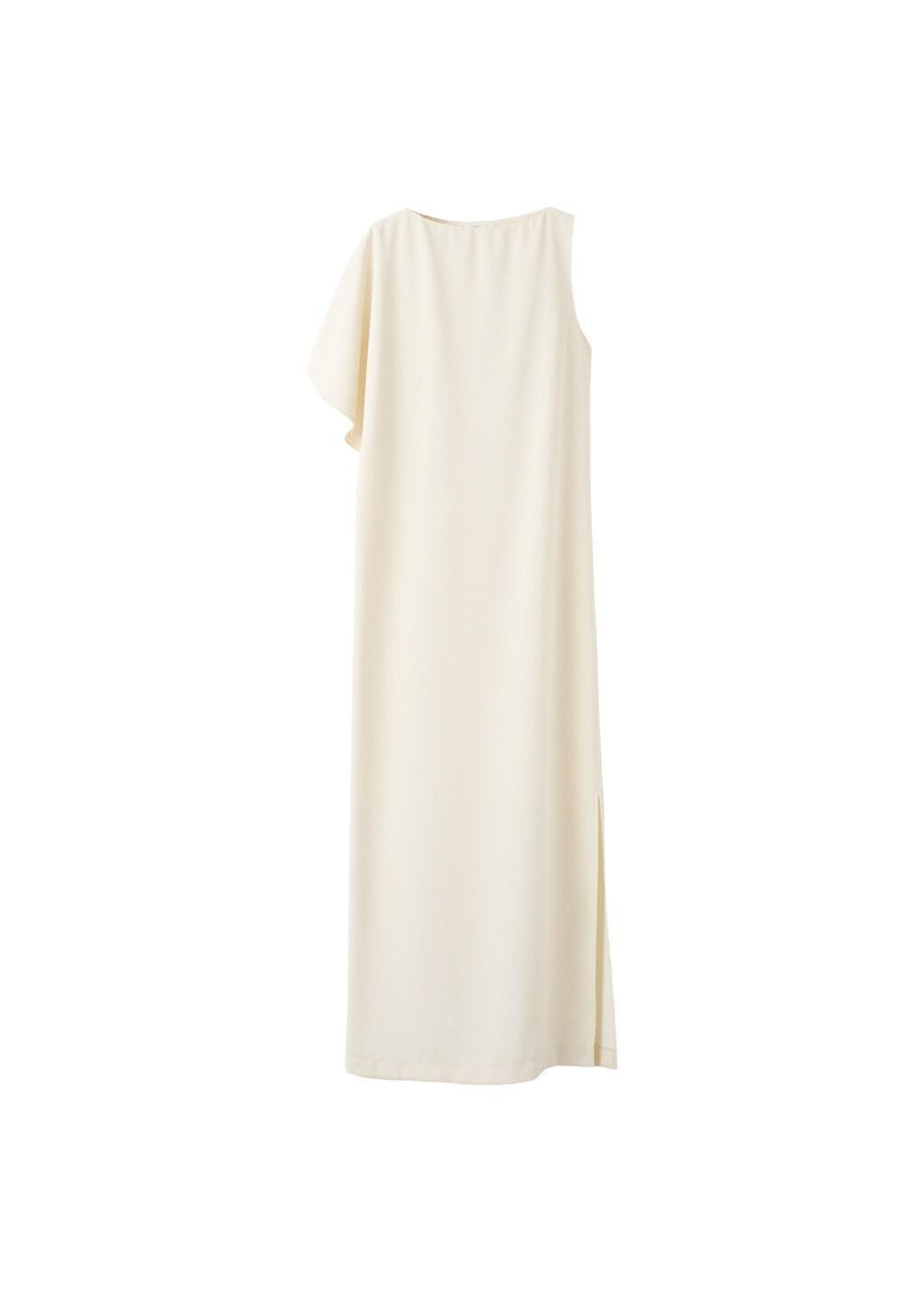 Beige Long Dress With Asymmetrical Sleeve, Light Beige, large image number 6