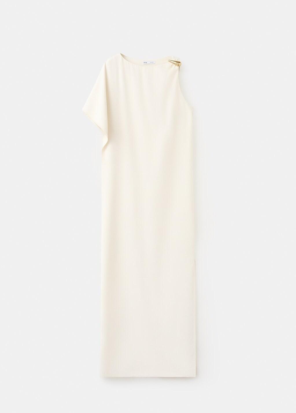 Beige Long Dress With Asymmetrical Sleeve, Light Beige, large image number 7