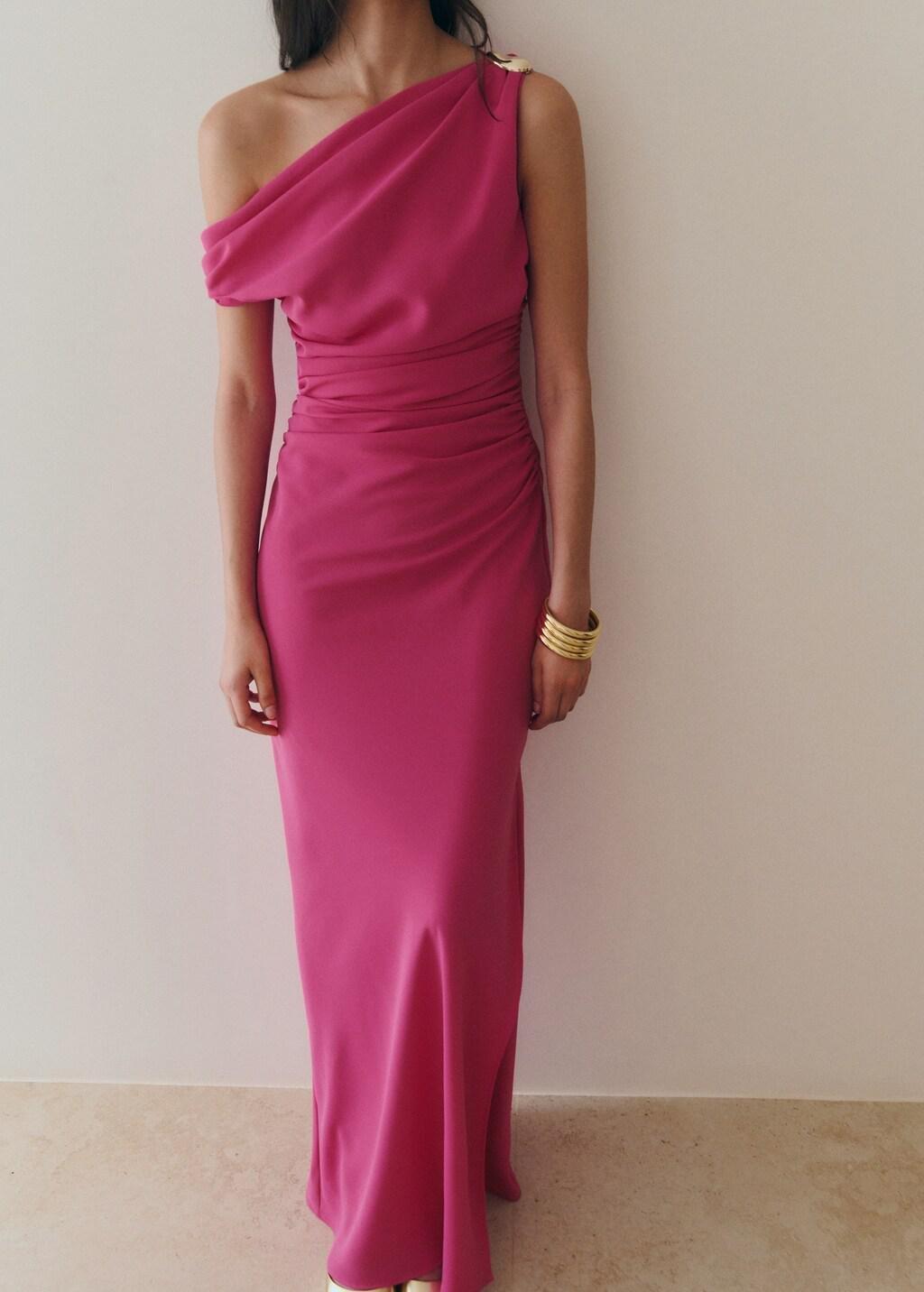 Pink Draped Dress With Brooch, Bright Pink, large image number 3