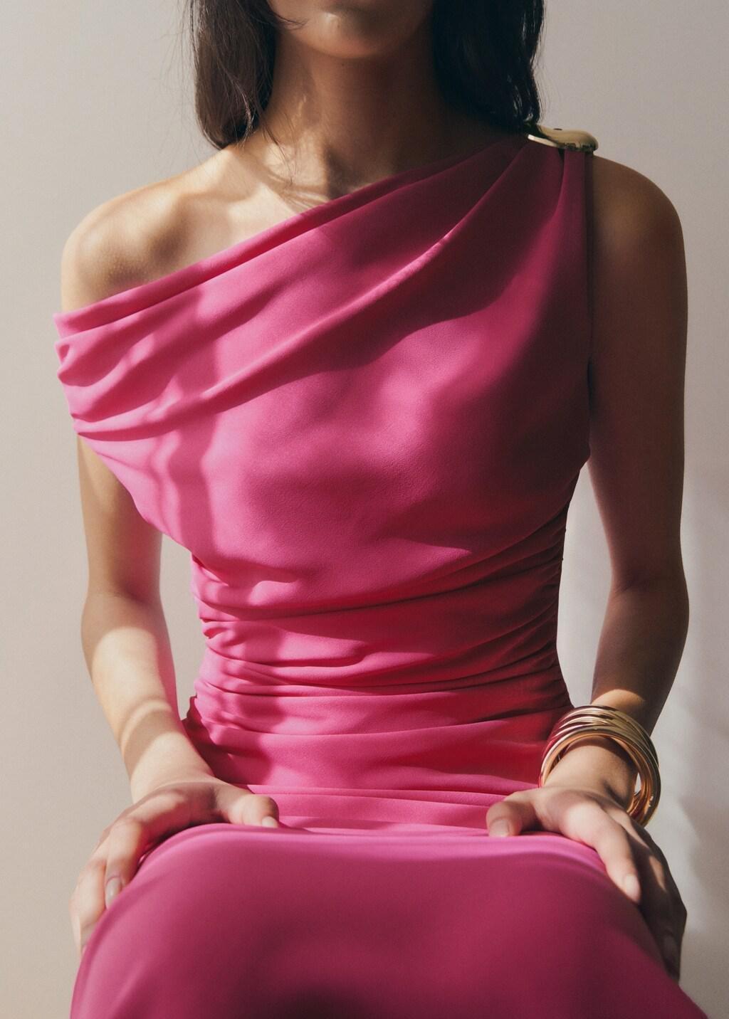 Pink Draped Dress With Brooch, Bright Pink, large image number 4