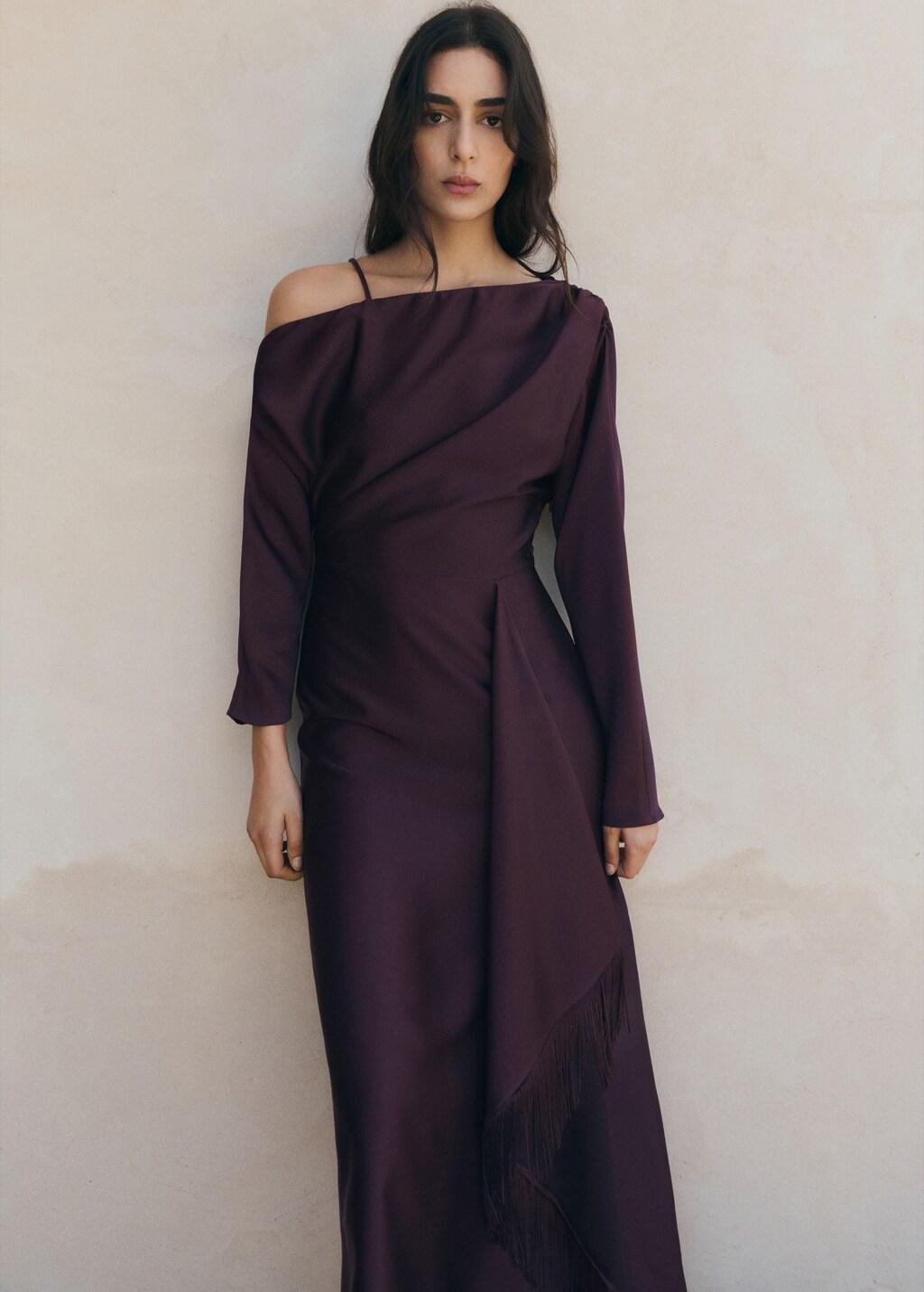 Purple Asymmetrical Satin Dress With Fringes, Medium Purple, large image number 3