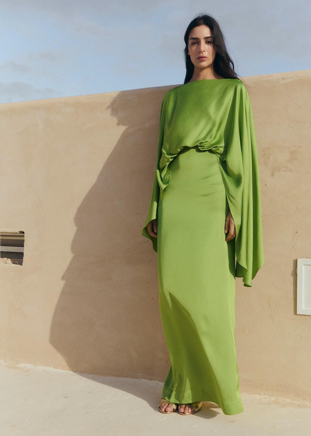Green Puffed Sleeves Satin Dress, Green, large image number 0
