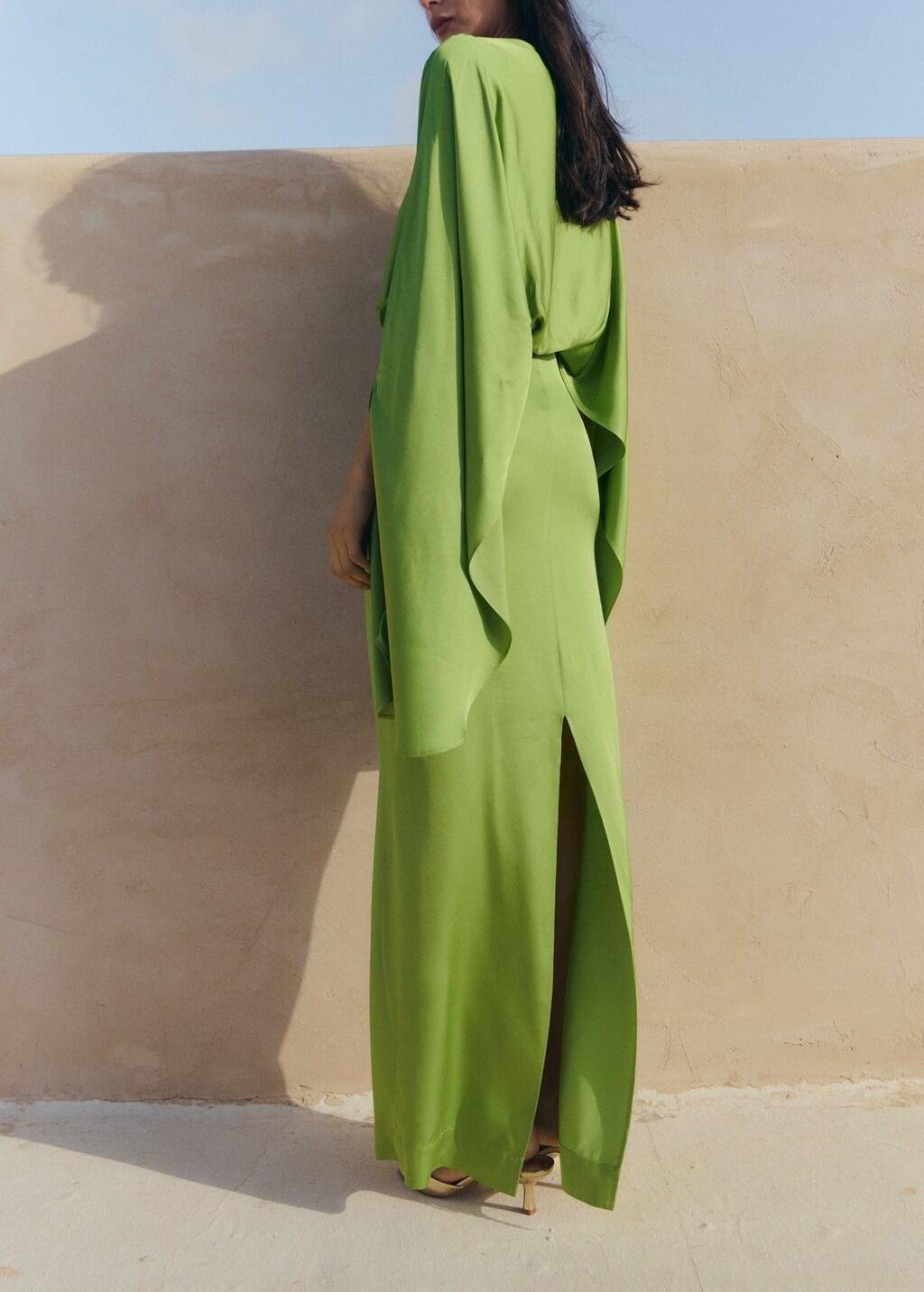 Green Puffed Sleeves Satin Dress, Green, large image number 2