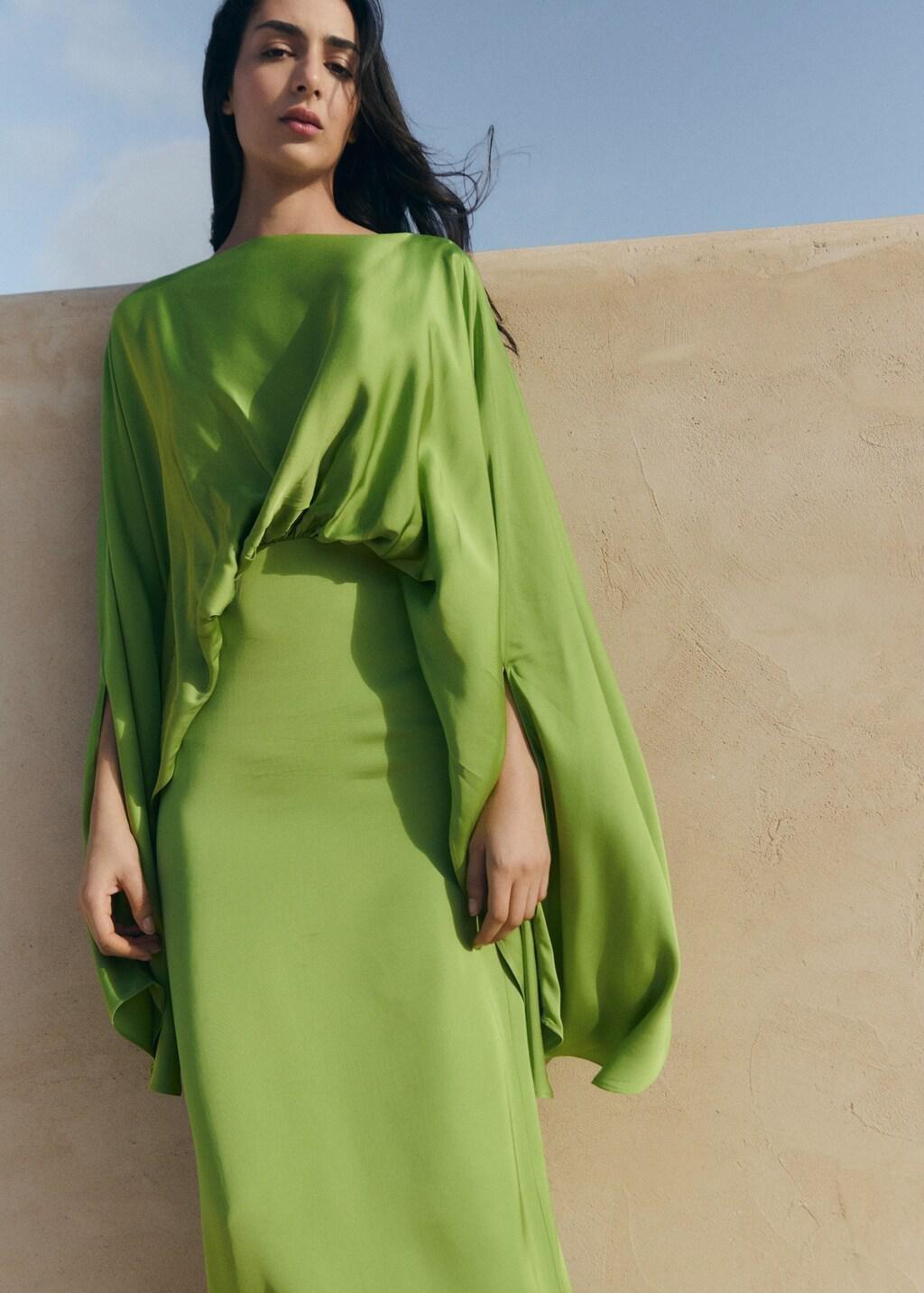 Green Puffed Sleeves Satin Dress, Green, large image number 3