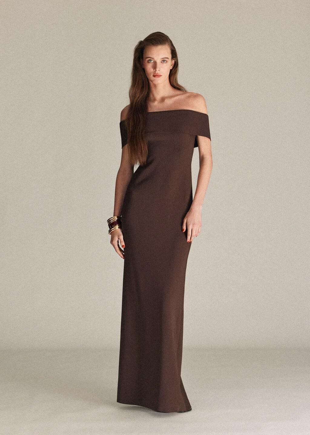 Brown Off-The-Shoulder Dress With Slit Detail, Brown, large image number 0