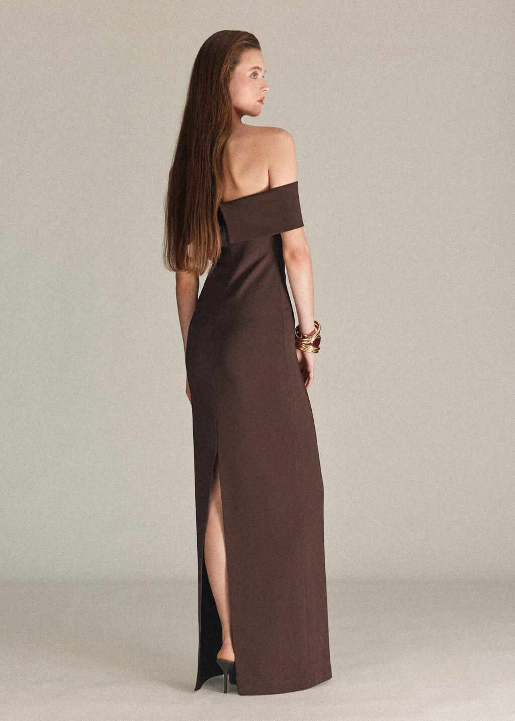 Brown Off-The-Shoulder Dress With Slit Detail, Brown, large image number 2