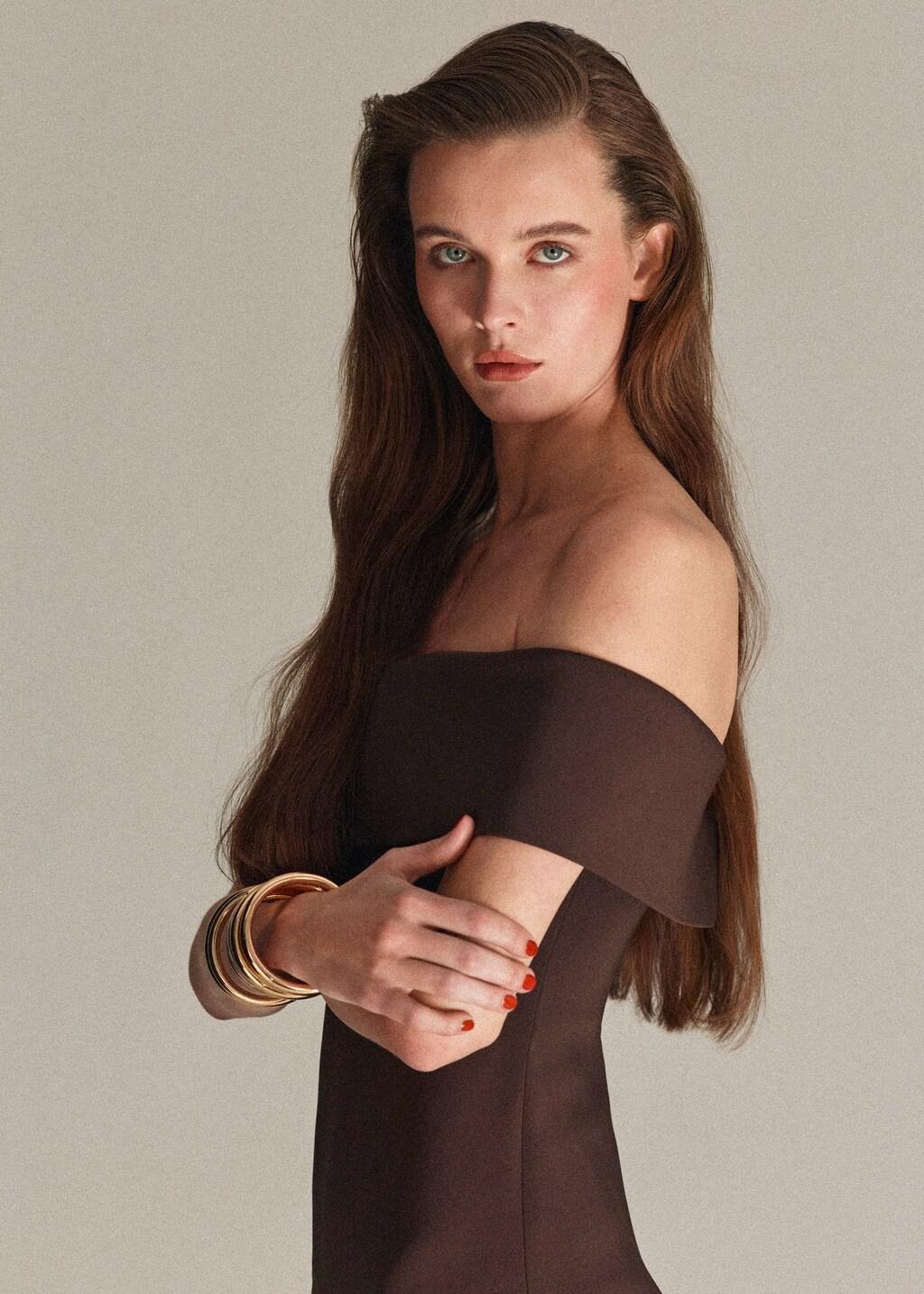 Brown Off-The-Shoulder Dress With Slit Detail, Brown, large image number 3