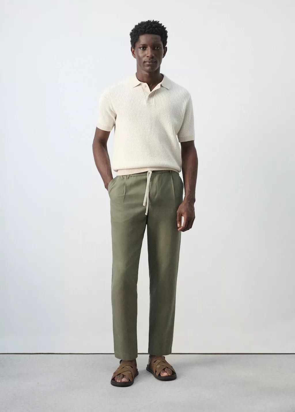 Green Slim Fit Cropped Linen-Cotton Trousers, Medium Green, large image number 0