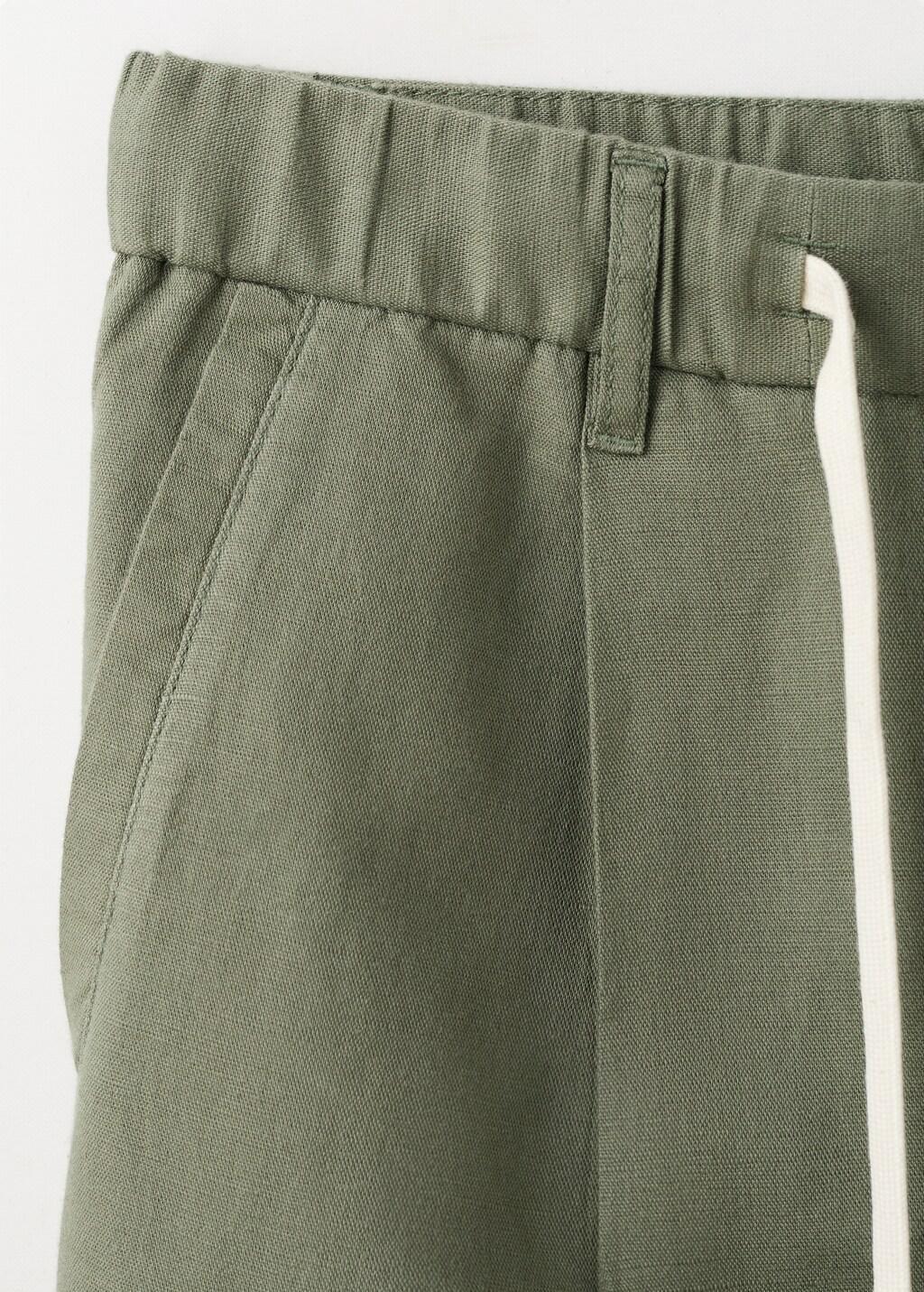 Green Slim Fit Cropped Linen-Cotton Trousers, Medium Green, large image number 1