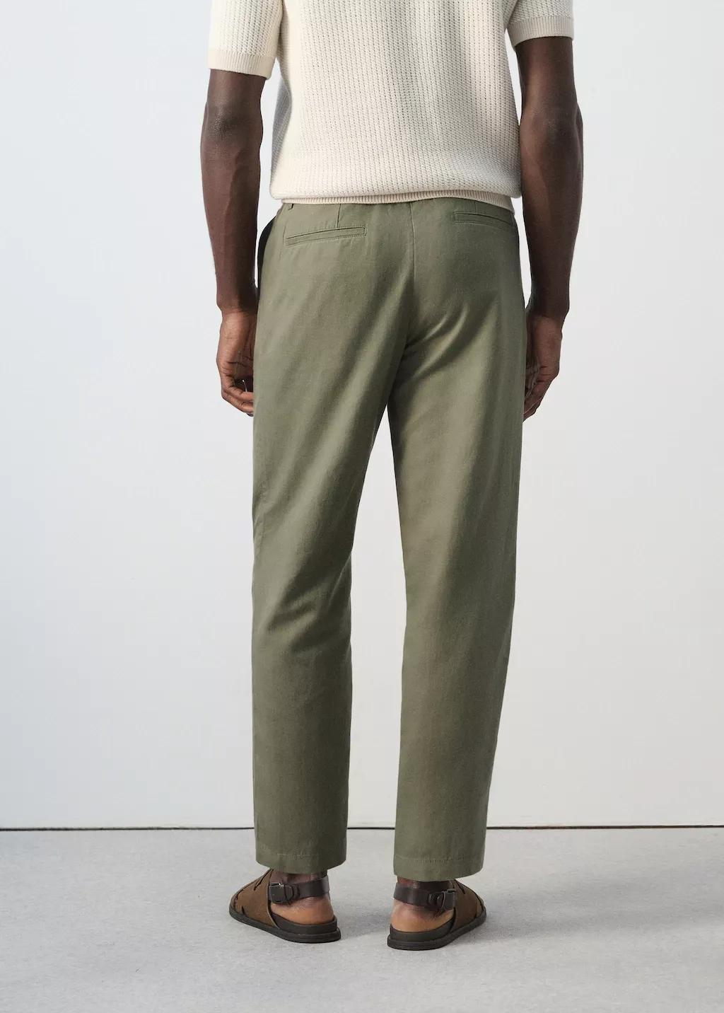 Green Slim Fit Cropped Linen-Cotton Trousers, Medium Green, large image number 2