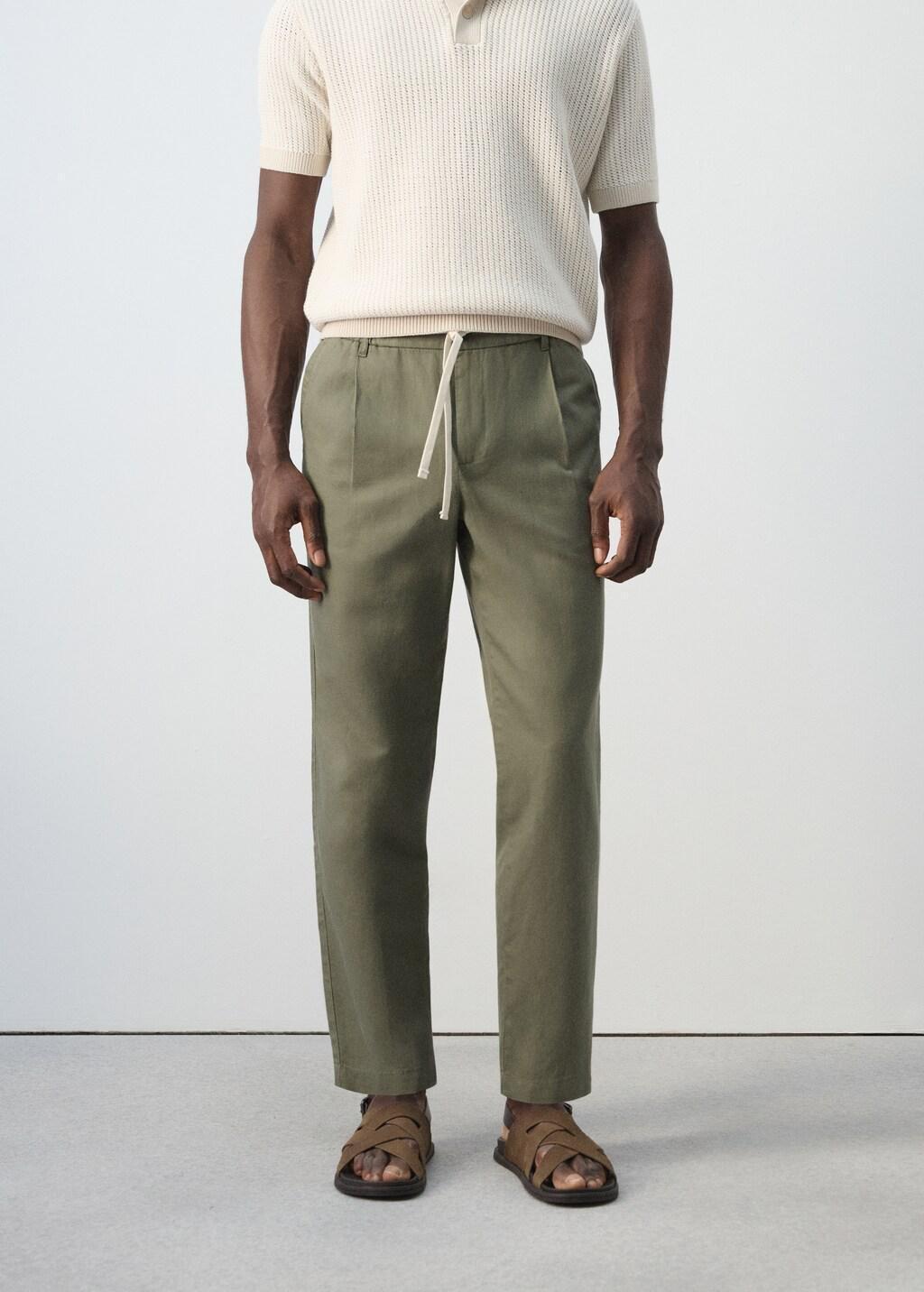 Green Slim Fit Cropped Linen-Cotton Trousers, Medium Green, large image number 3