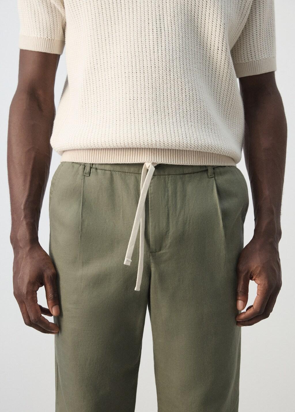 Green Slim Fit Cropped Linen-Cotton Trousers, Medium Green, large image number 4