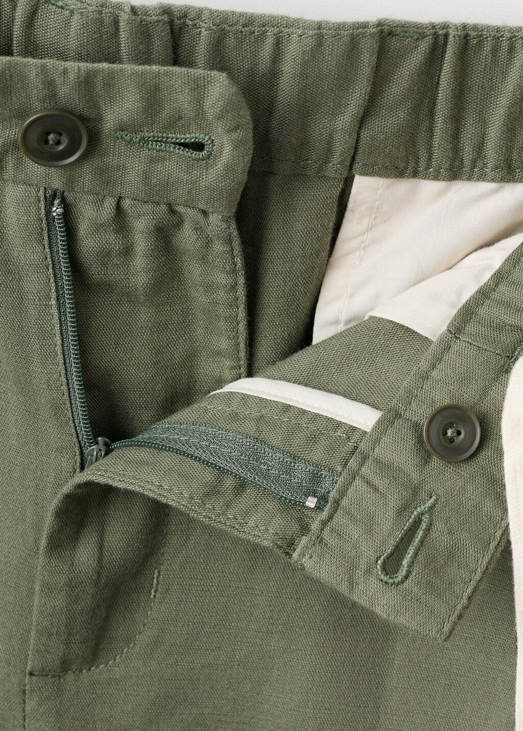 Green Slim Fit Cropped Linen-Cotton Trousers, Medium Green, large image number 5