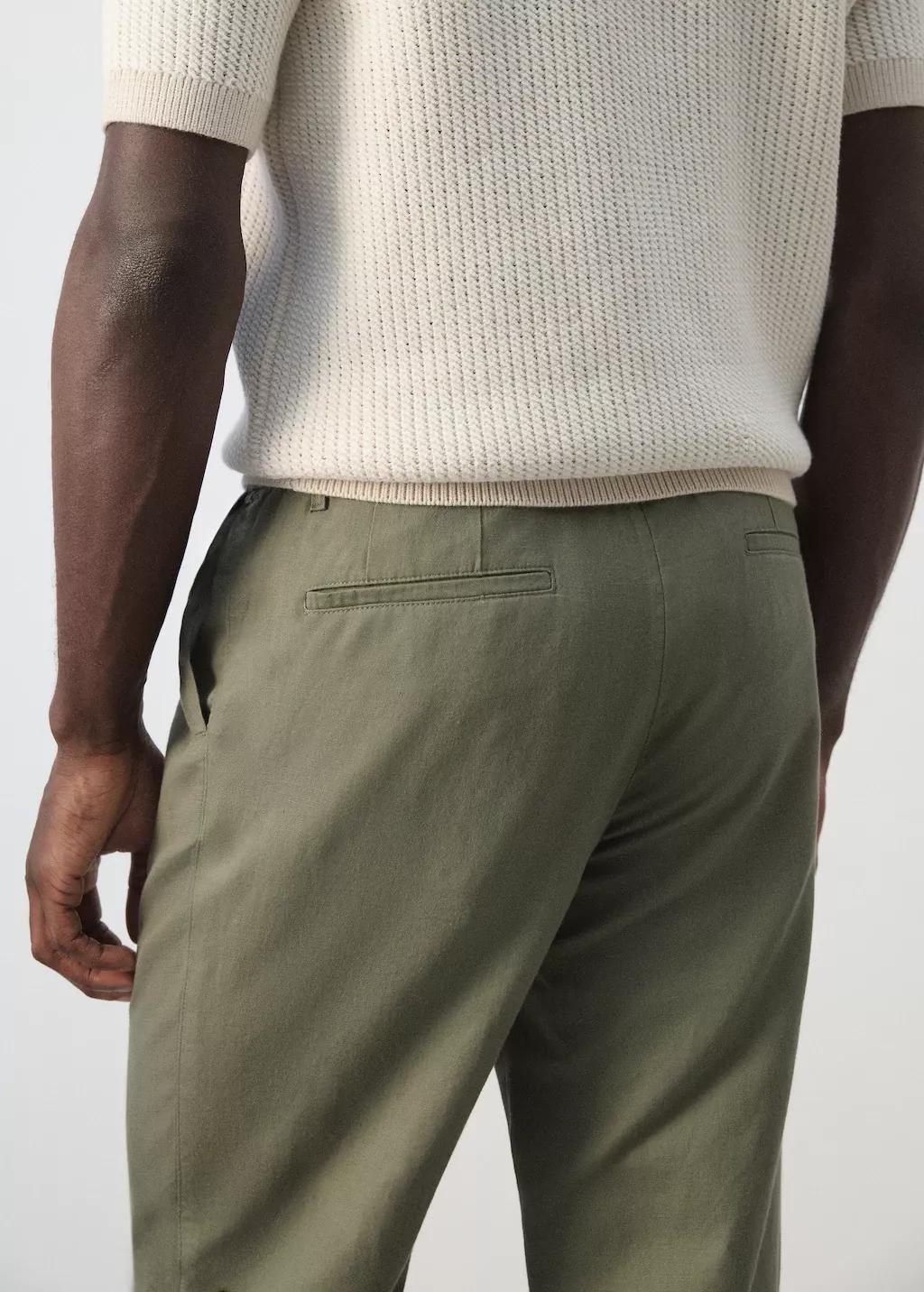 Green Slim Fit Cropped Linen-Cotton Trousers, Medium Green, large image number 6