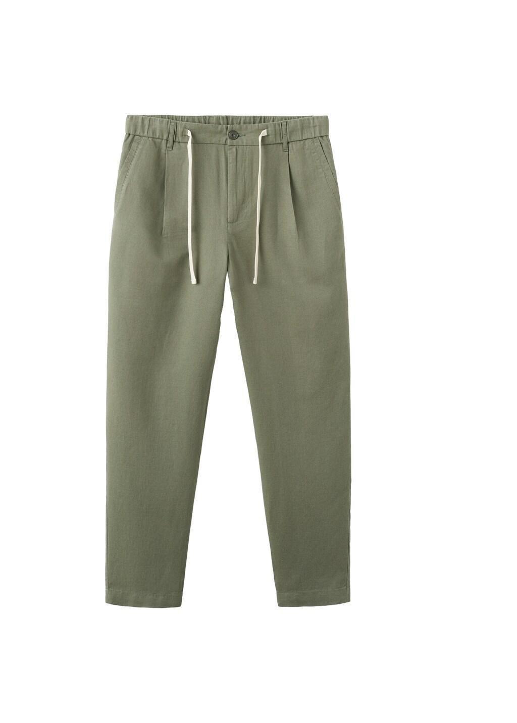 Green Slim Fit Cropped Linen-Cotton Trousers, Medium Green, large image number 7