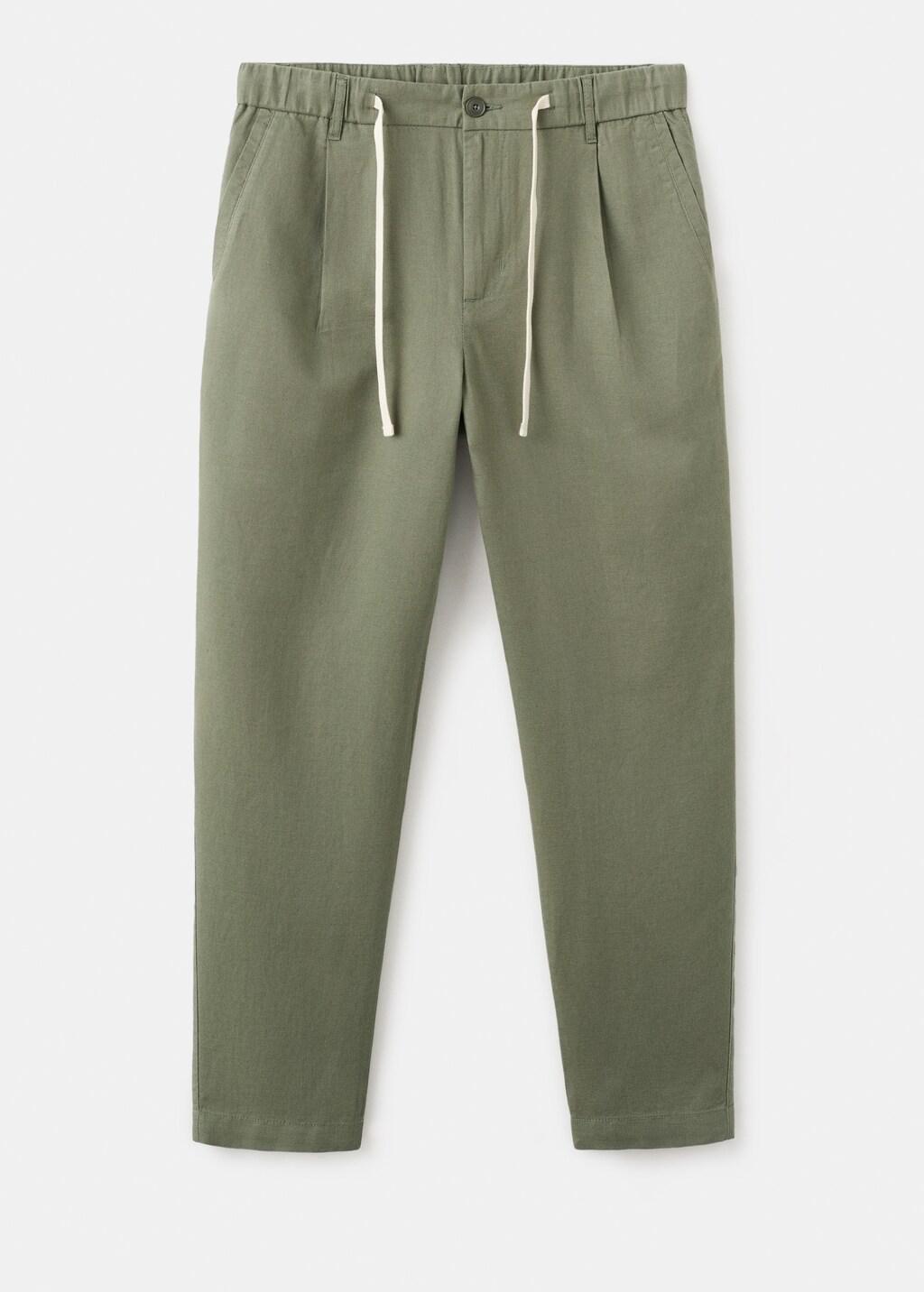 Green Slim Fit Cropped Linen-Cotton Trousers, Medium Green, large image number 8