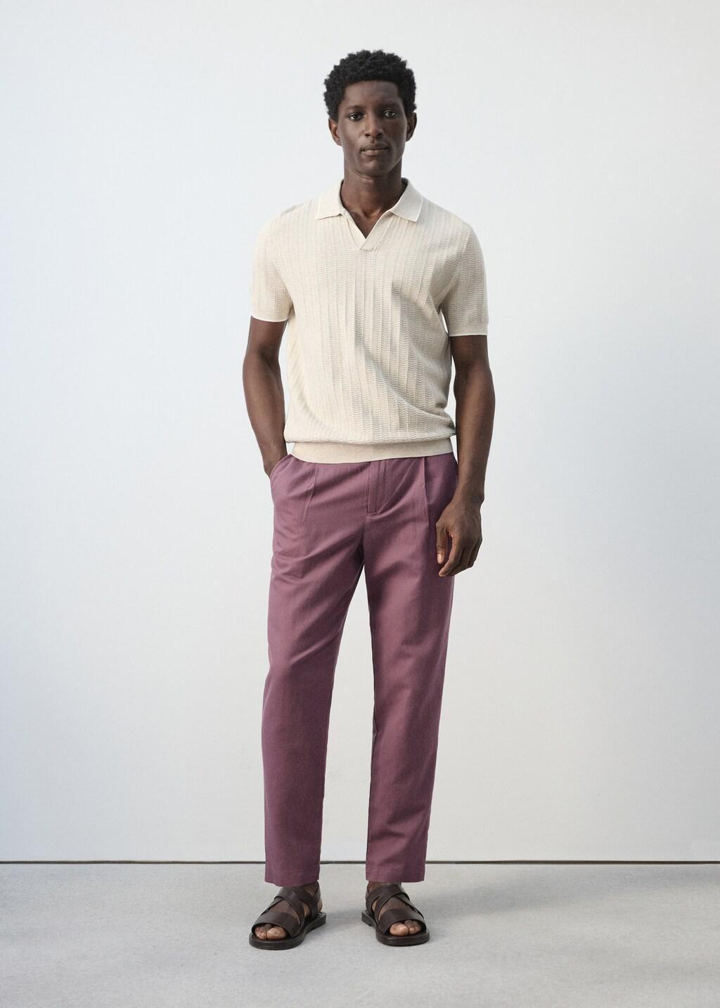 Purple Slim Fit Cropped Linen-Cotton Trousers, Dark Purple, large image number 0