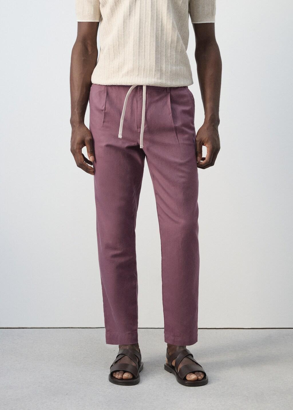 Purple Slim Fit Cropped Linen-Cotton Trousers, Dark Purple, large image number 3