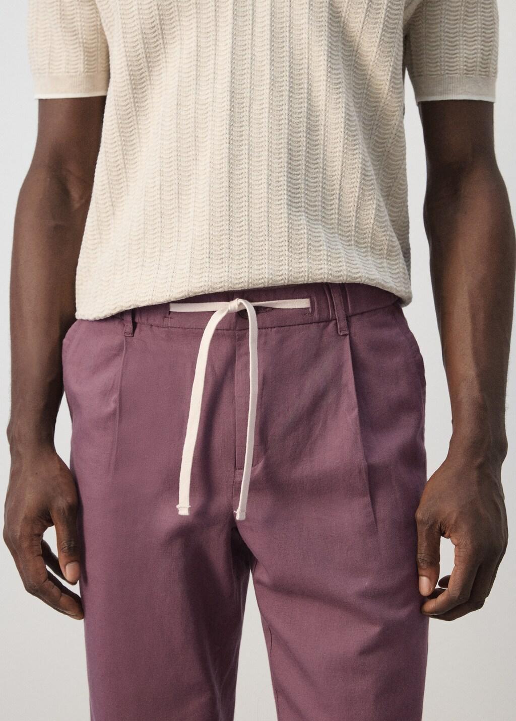 Purple Slim Fit Cropped Linen-Cotton Trousers, Dark Purple, large image number 4