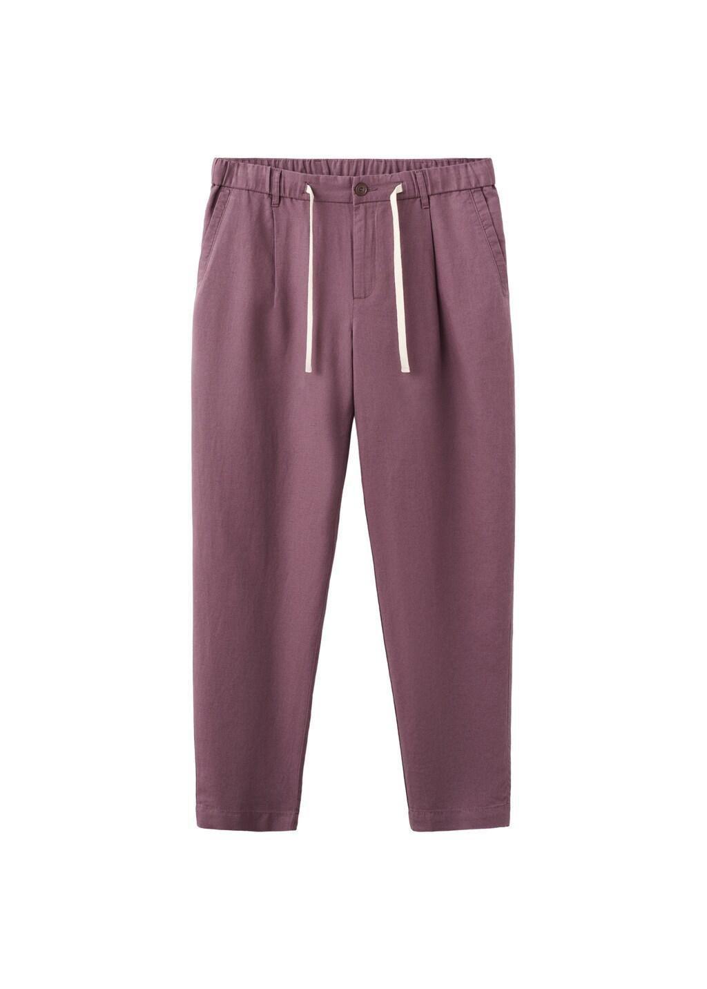 Purple Slim Fit Cropped Linen-Cotton Trousers, Dark Purple, large image number 7