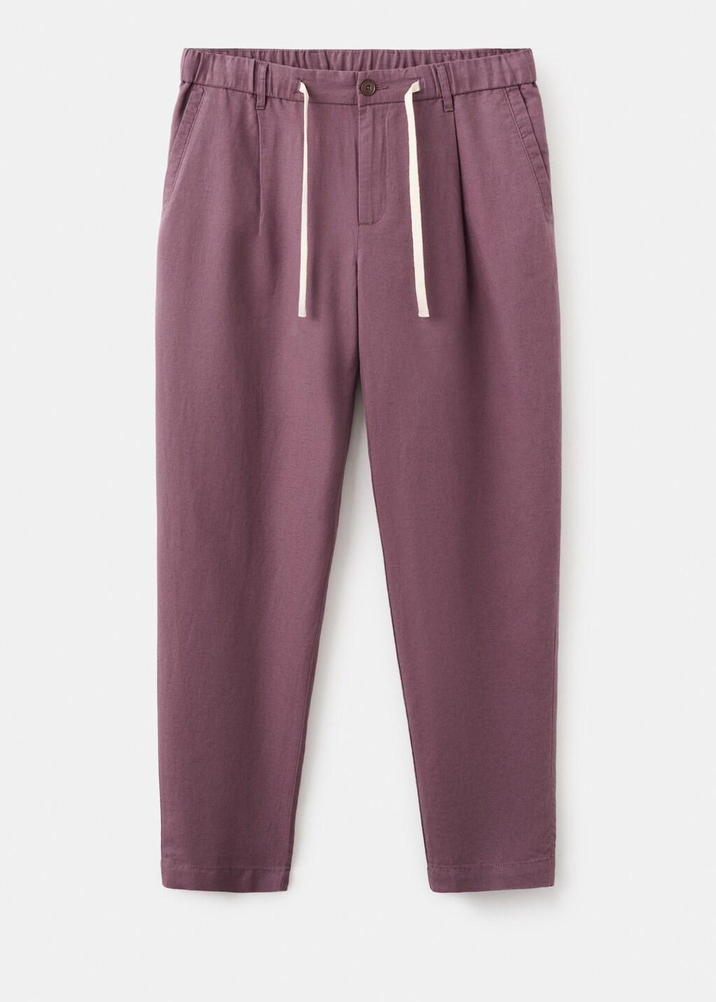 Purple Slim Fit Cropped Linen-Cotton Trousers, Dark Purple, large image number 8