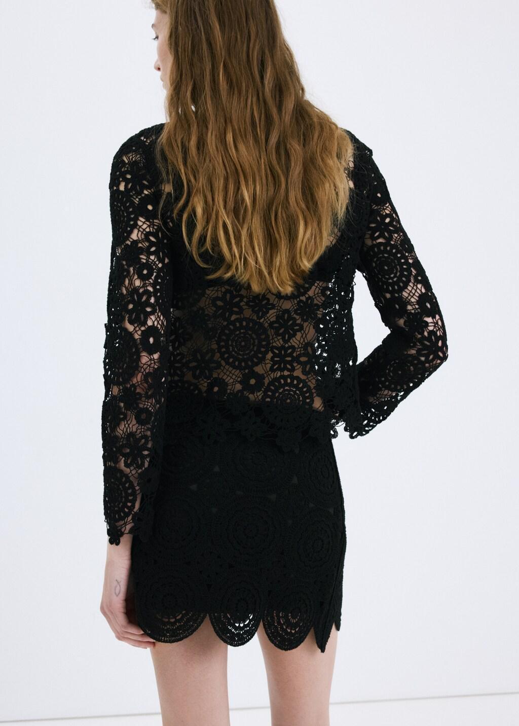 Black Openwork Knitted Floral Sweater, Black, large image number 2