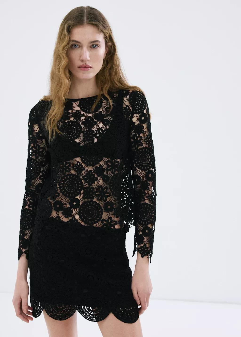 Black Openwork Knitted Floral Sweater, Black, large image number 3