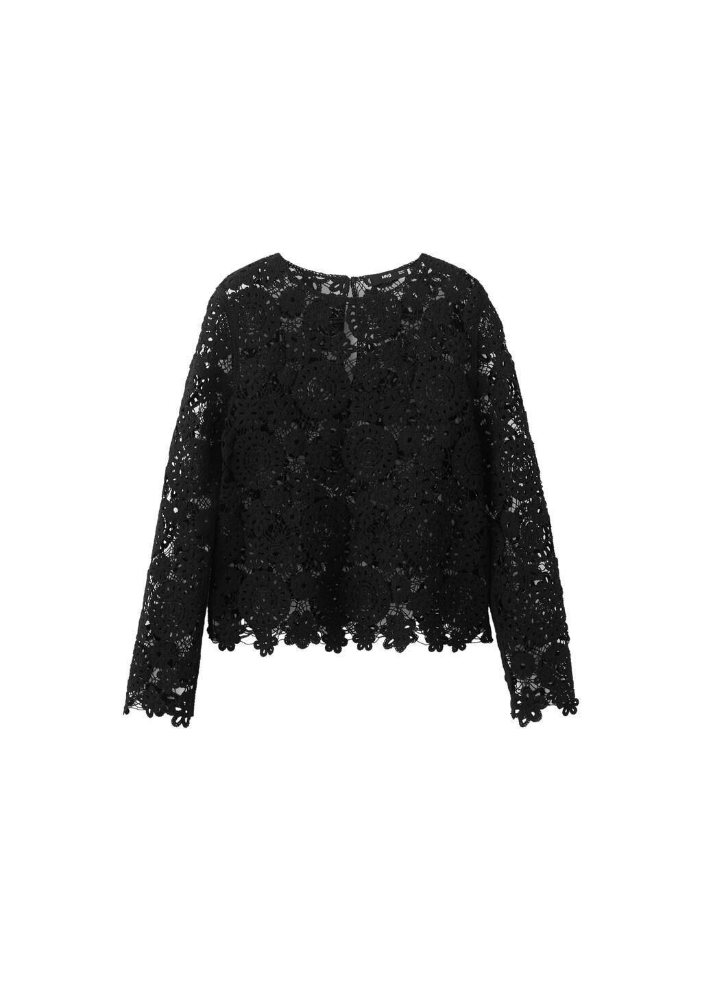 Black Openwork Knitted Floral Sweater, Black, large image number 6