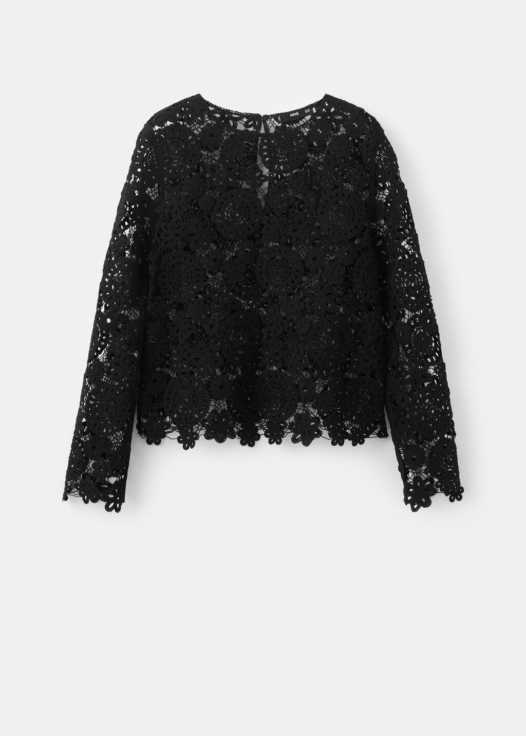 Black Openwork Knitted Floral Sweater, Black, large image number 7