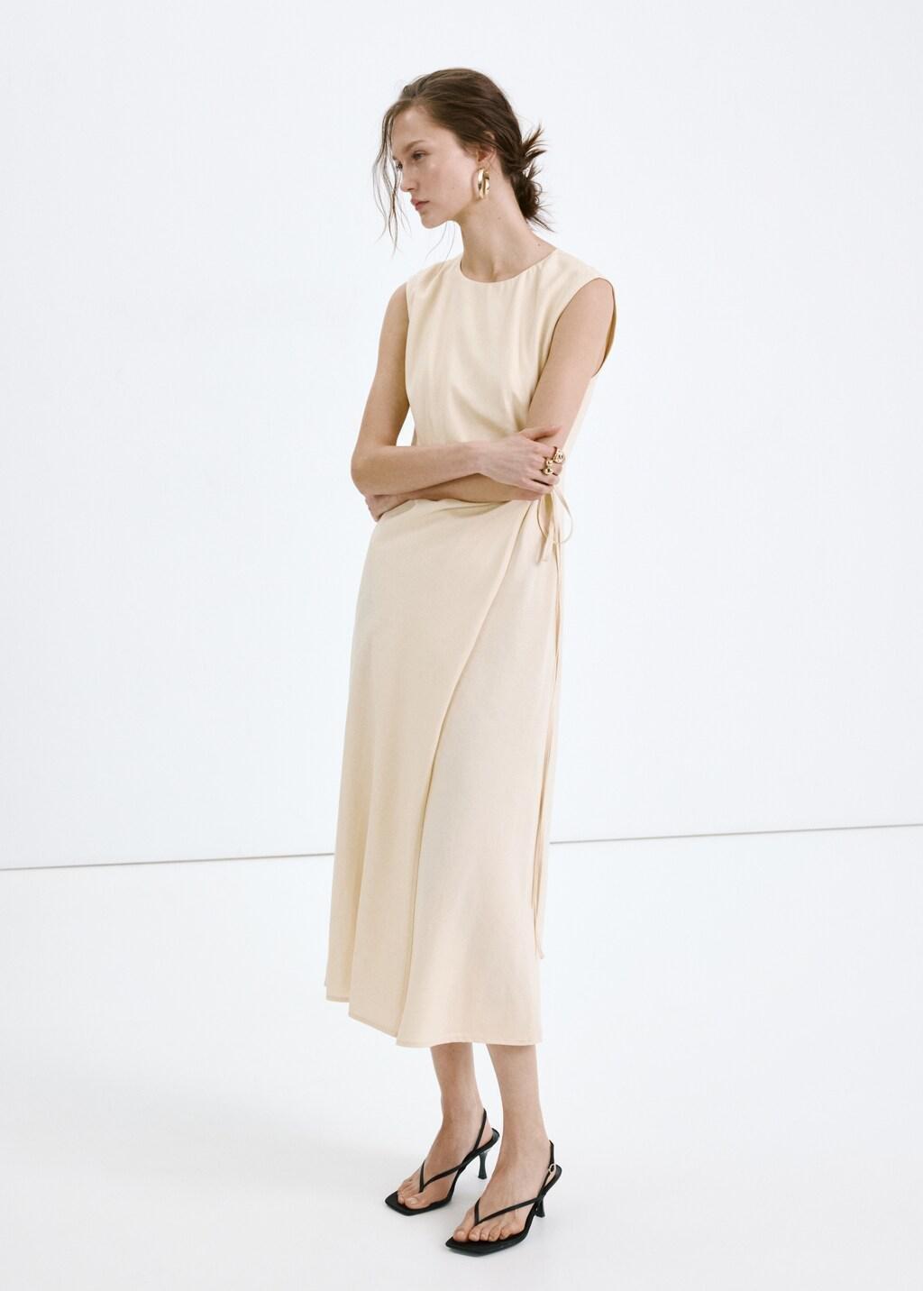 Cream Wrap Midi-Dress With Knot, 0201_10, large image number 0