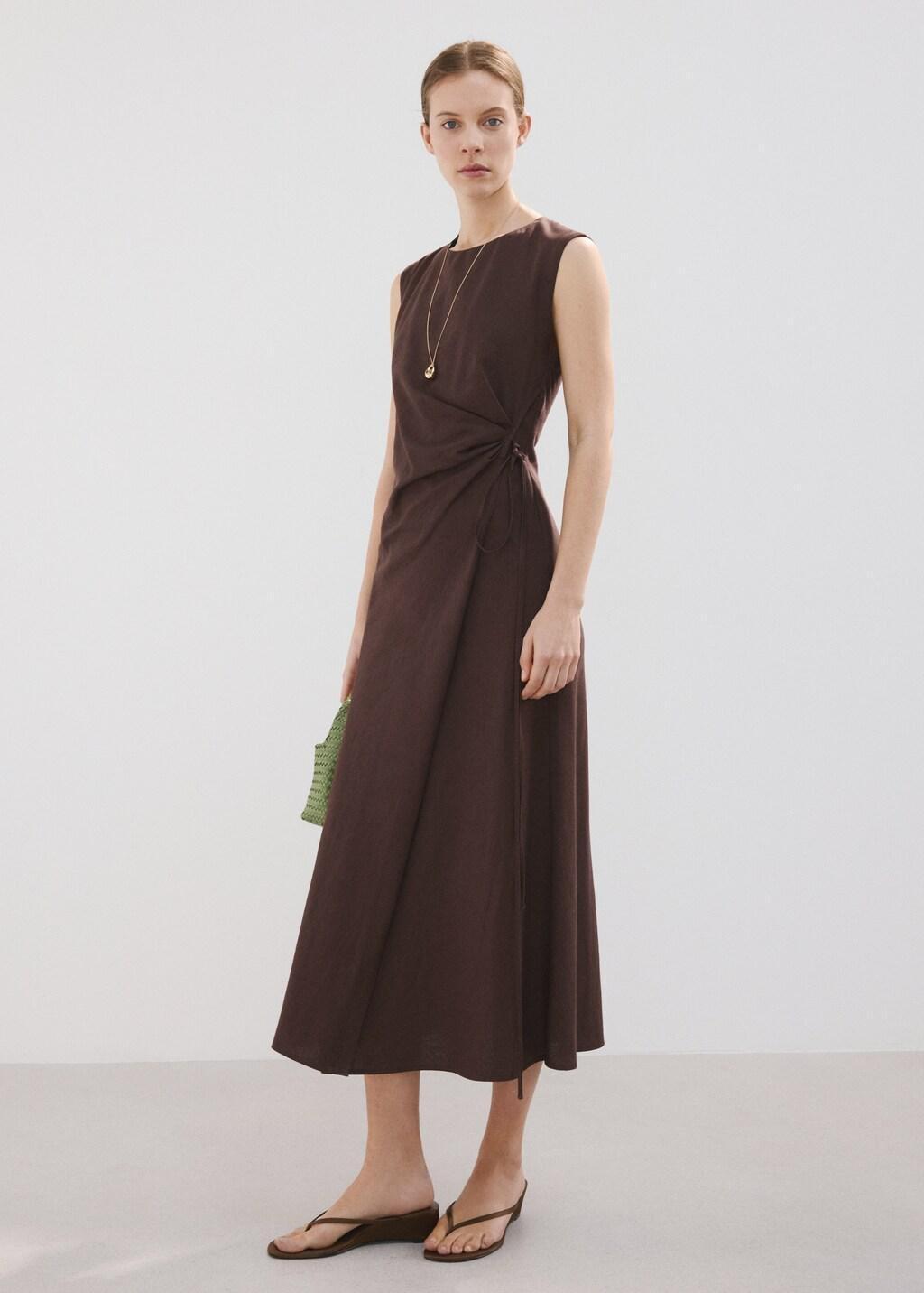 DARK BROWN Crossed linen-blend dress, Dark Brown, large image number 0