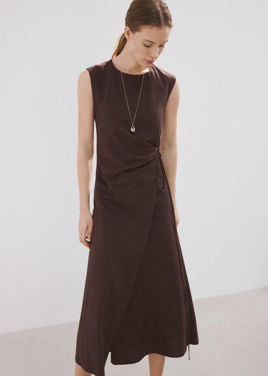 DARK BROWN Crossed linen-blend dress, Dark Brown, large image number 3