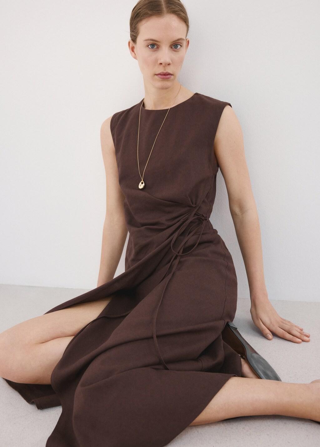 DARK BROWN Crossed linen-blend dress, Dark Brown, large image number 4