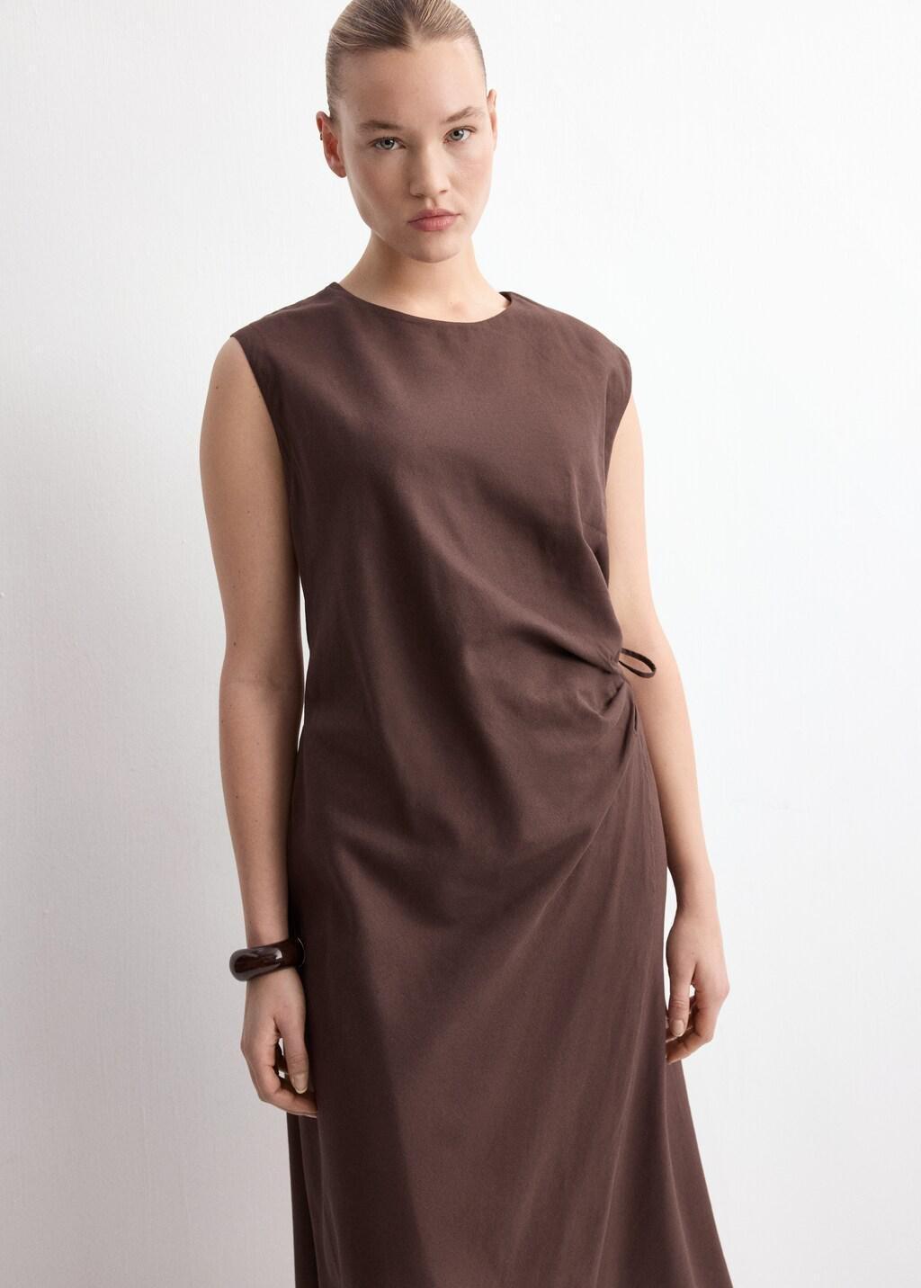DARK BROWN Crossed linen-blend dress, Dark Brown, large image number 6