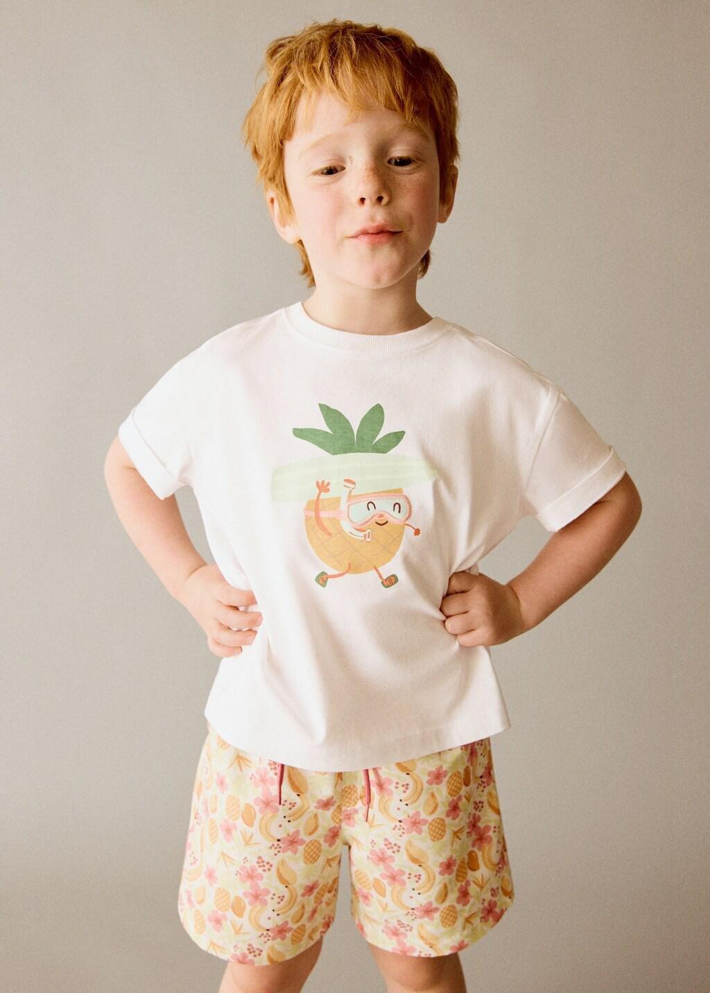 White Pineapple Printed Cotton T-Shirt, Baby Boy, White, large image number 0