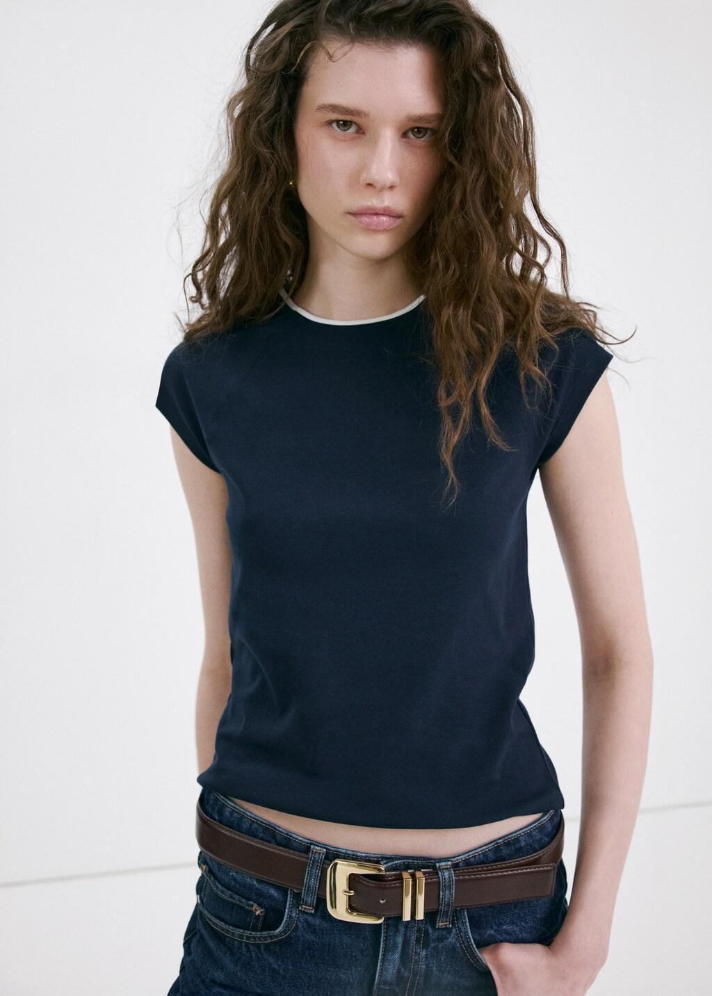 Navy Cotton T-Shirt With Contrast Piping, Navy, large image number 3
