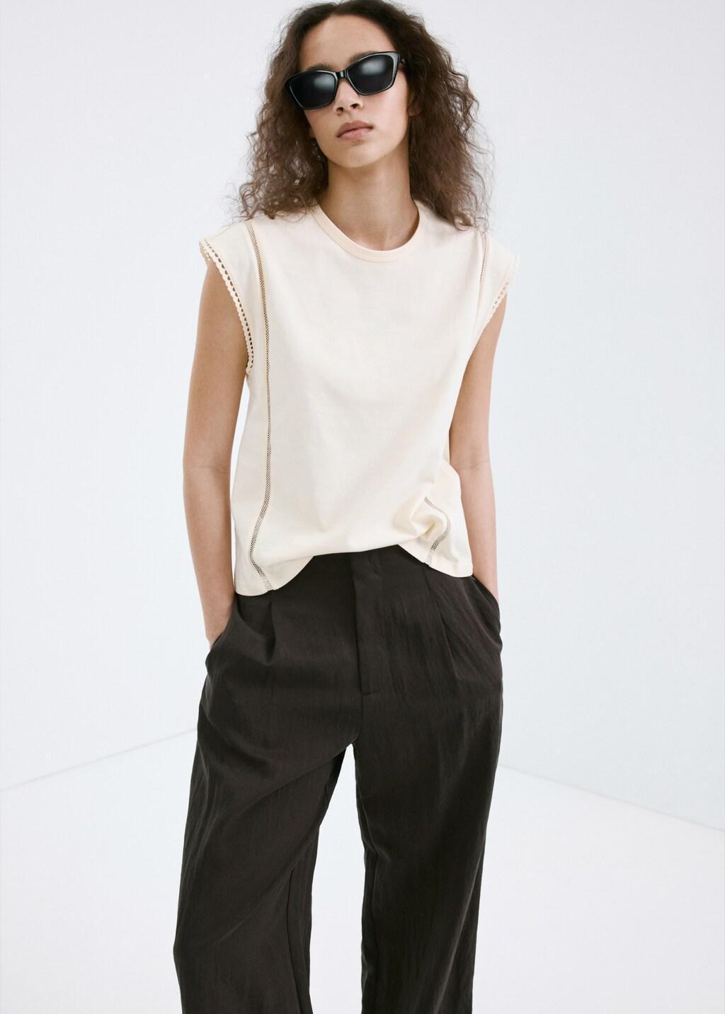 Beige Embroidered Cutwork Cotton T-Shirt, 0201_05, large image number 3