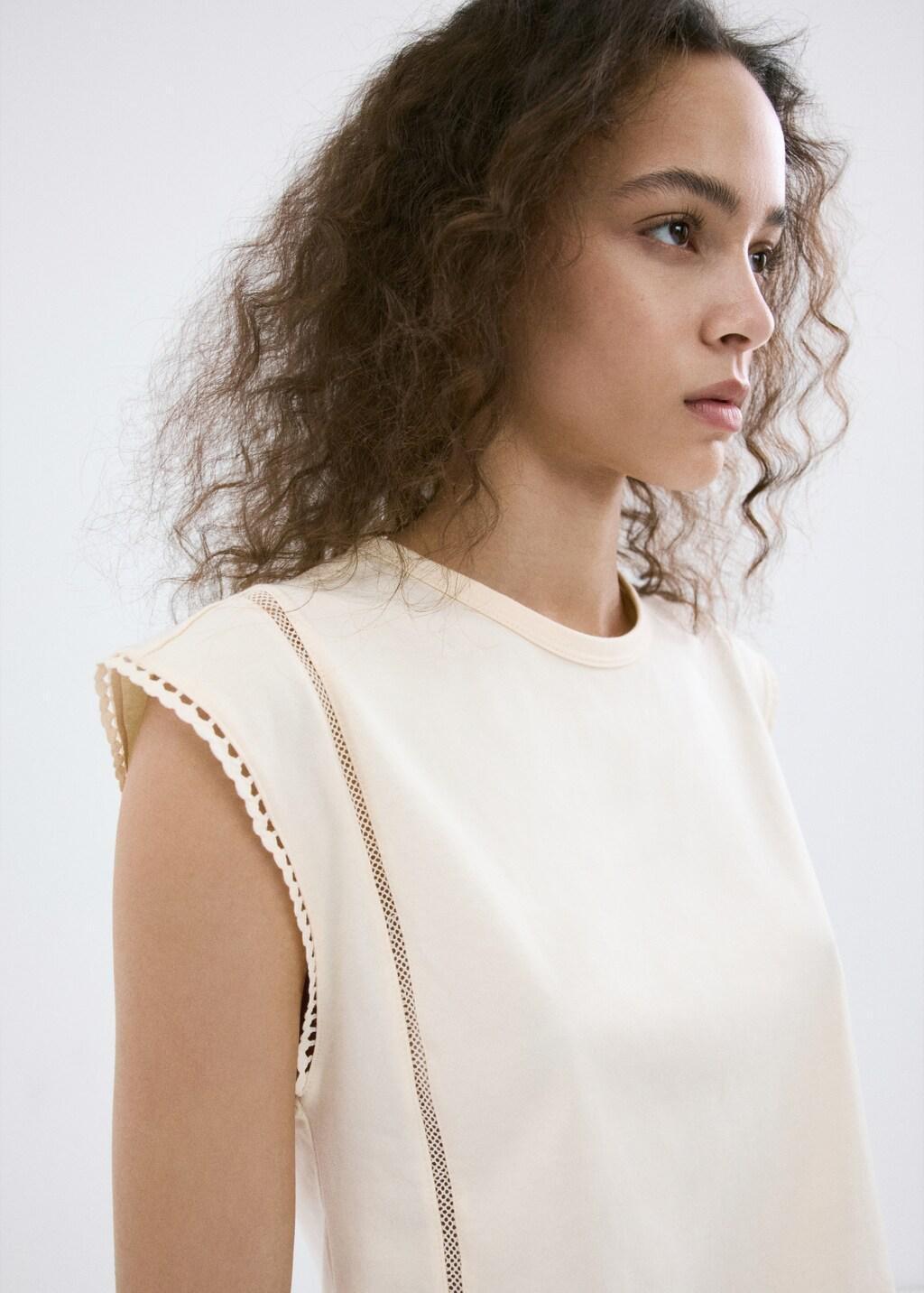 Beige Embroidered Cutwork Cotton T-Shirt, 0201_05, large image number 4