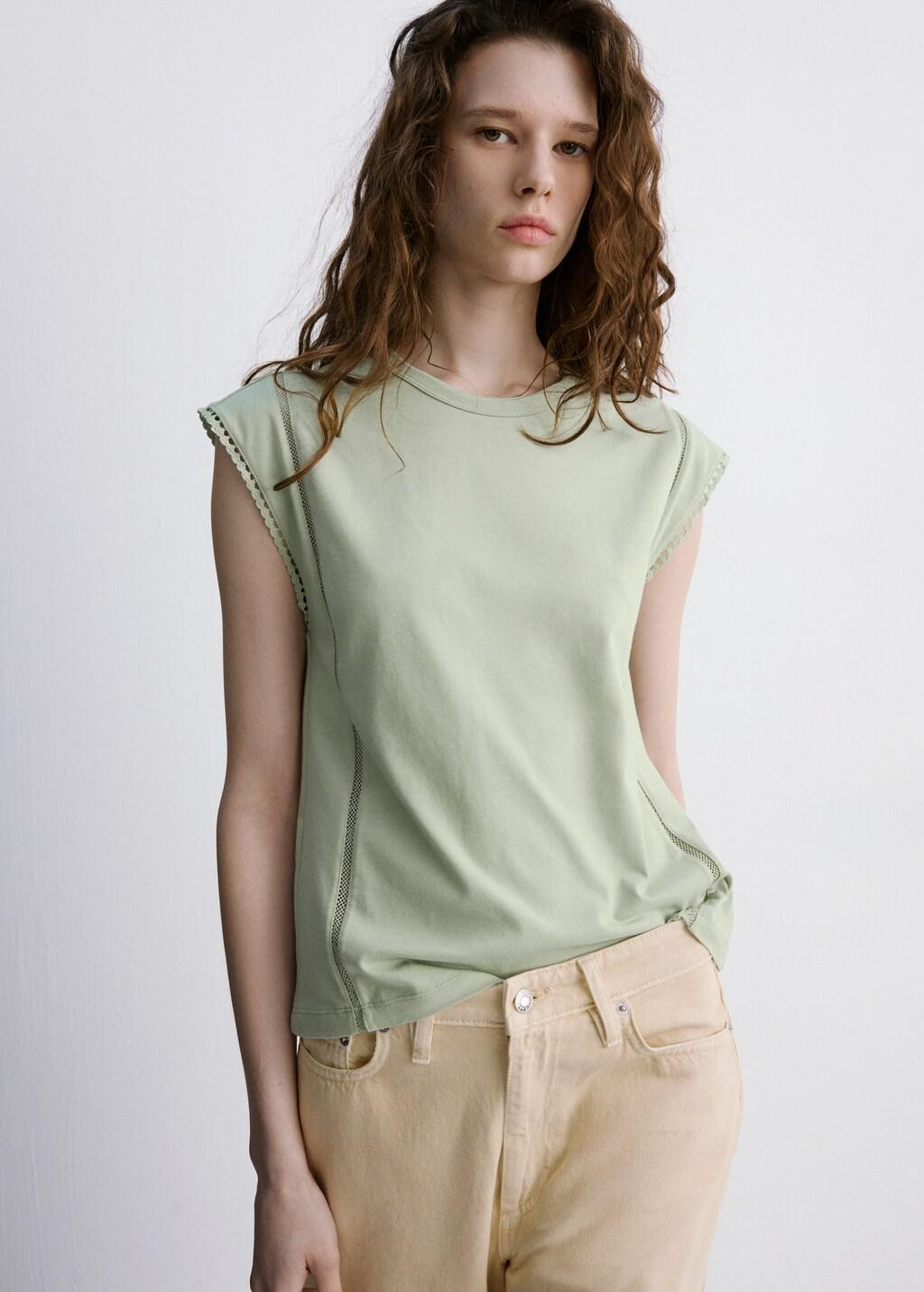 Green Embroidered Cutwork Cotton T-Shirt, Green, large image number 3